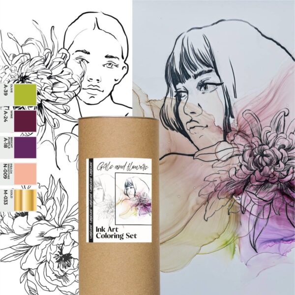Ink Art Coloring Set Mädchen und Blumen