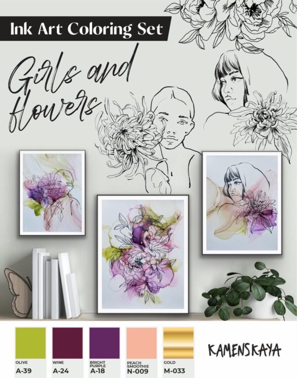 Ink Art Coloring Set Mädchen und Blumen