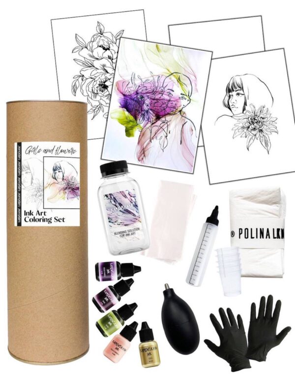 Ink Art Coloring Set Mädchen und Blumen